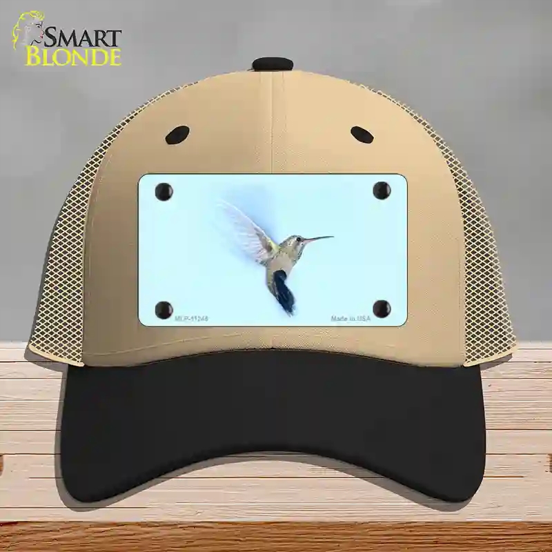 HAT02-MLP-11245 Hummingbird in Flight, Blue Novelty License Plate Hat - Mesh - Khaki & Black