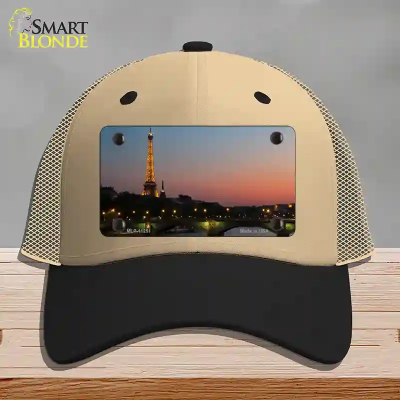 HAT02-MLP-11251 Eiffel Tower Night with River & Bridge Novelty License Plate Hat, Mesh - Khaki & Black