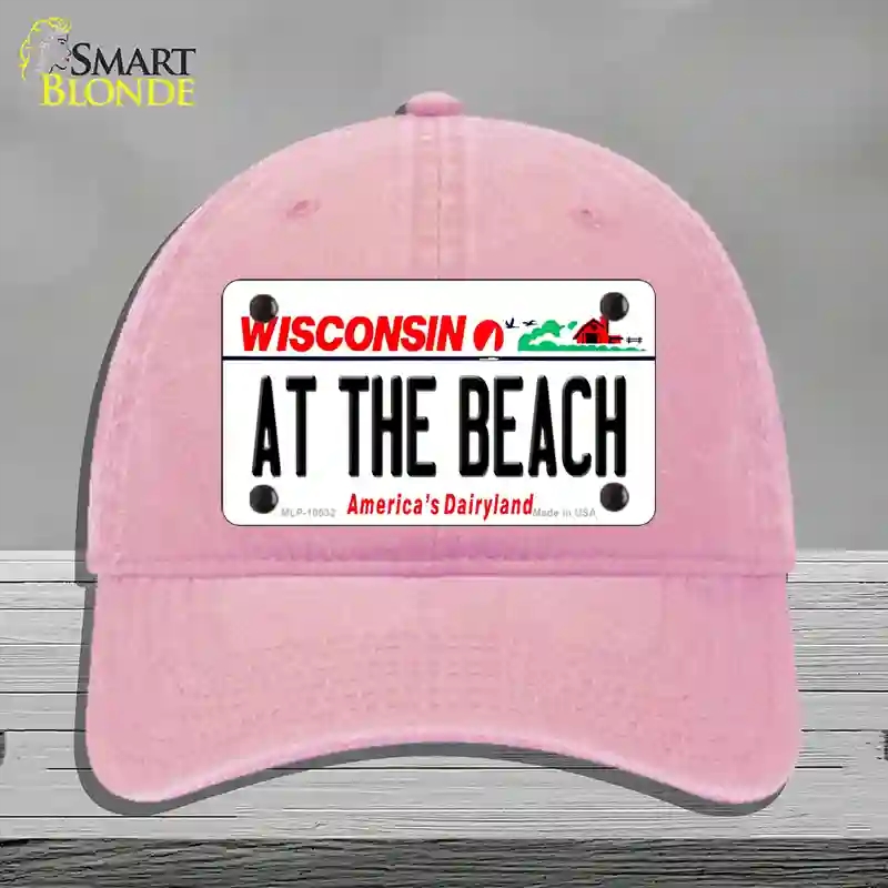 HAT12-MLP-10632 At the Beach Wisconsin Novelty License Plate Hat, Unconstructed Cotton - Pink