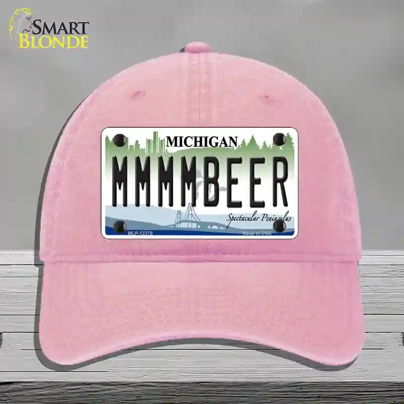 HAT12-MLP-12278 Michigan MMMMBeer Novelty License Plate Hat, Unconstructed Cotton - Pink