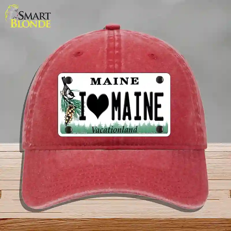 HAT13-MLP-10384 I Love Maine Novelty License Plate Hat, Unconstructed Cotton - Red