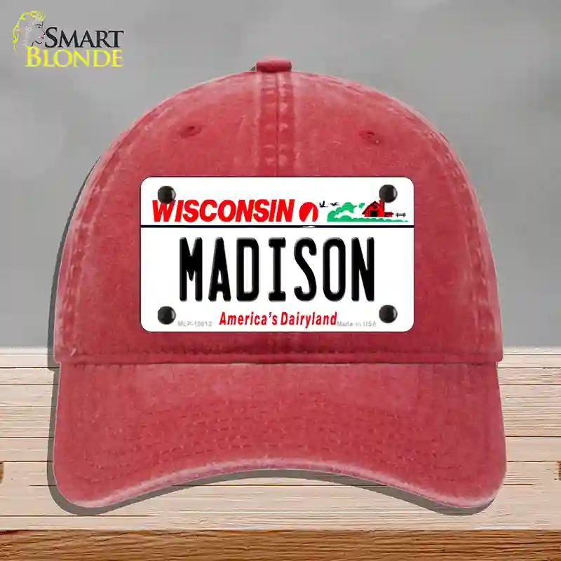 HAT13-MLP-10612 Madison Wisconsin Novelty License Plate Hat, Unconstructed Cotton - Red