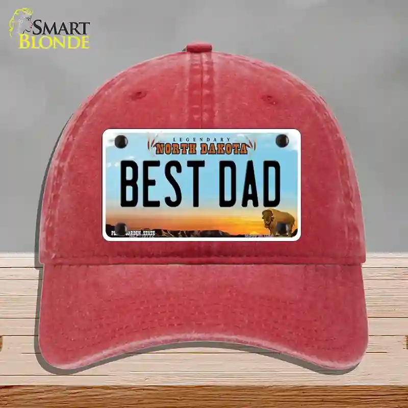 HAT13-MLP-10732 Best Dad North Dakota Novelty License Plate Hat, Unconstructed Cotton - Red