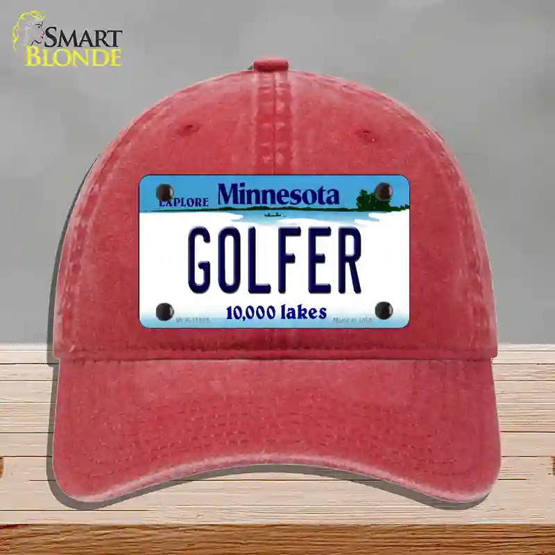 HAT13-MLP-11075 Golfer Minnesota State Novelty License Plate Hat, Unconstructed Cotton - Red