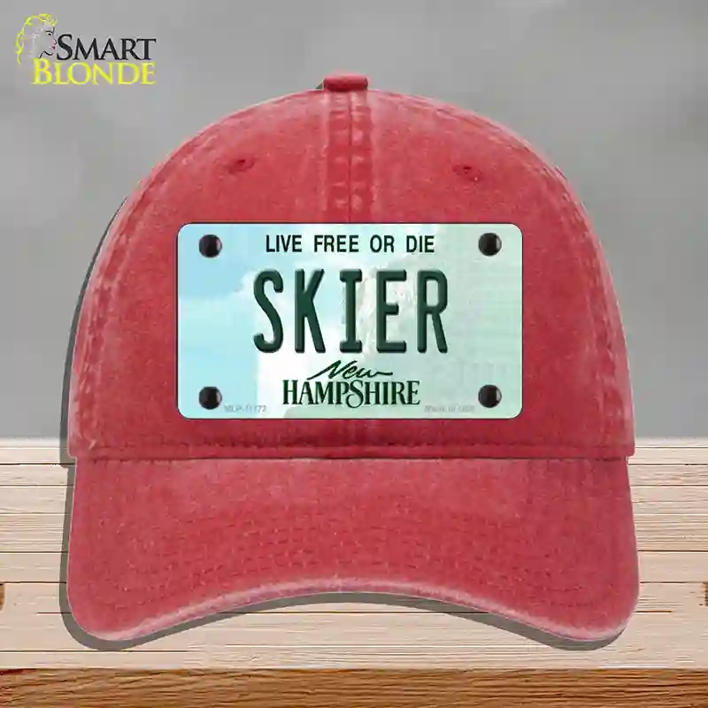 HAT13-MLP-11172 Skier   Hampshire State Novelty License Plate Hat, Unconstructed Cotton - Red