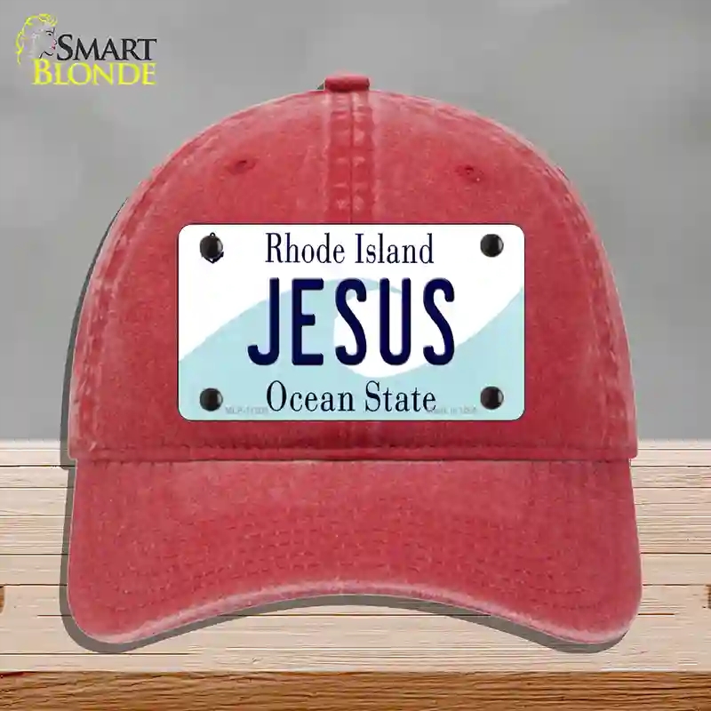HAT13-MLP-11205 Jesus Rhode Island State Novelty License Plate Hat, Unconstructed Cotton - Red