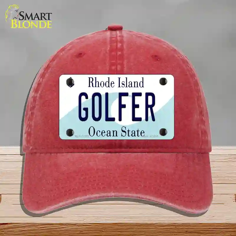 HAT13-MLP-11216 Golfer Rhode Island State Novelty License Plate Hat, Unconstructed Cotton - Red