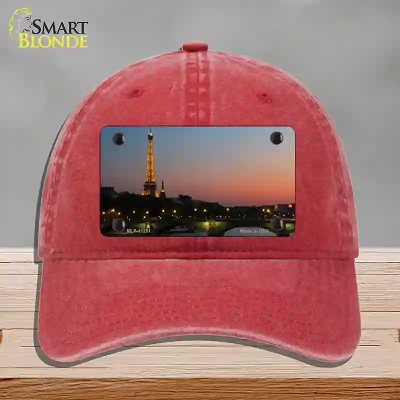 HAT13-MLP-11251 Eiffel Tower Night with River & Bridge Novelty License Plate Hat, Unconstructed Cotton - Red