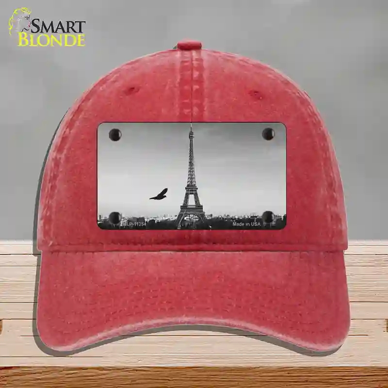 HAT13-MLP-11254 Eiffel Tower Black & White with Bird Novelty License Plate Hat, Unconstructed Cotton - Red