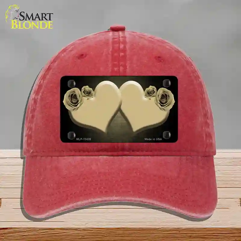 HAT13-MLP-11439 Hearts Over Roses in Gold Novelty License Plate Hat, Unconstructed Cotton - Red