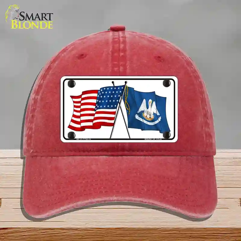 HAT13-MLP-11478 Louisiana Crossed US Flag Novelty License Plate Hat, Unconstructed Cotton - Red