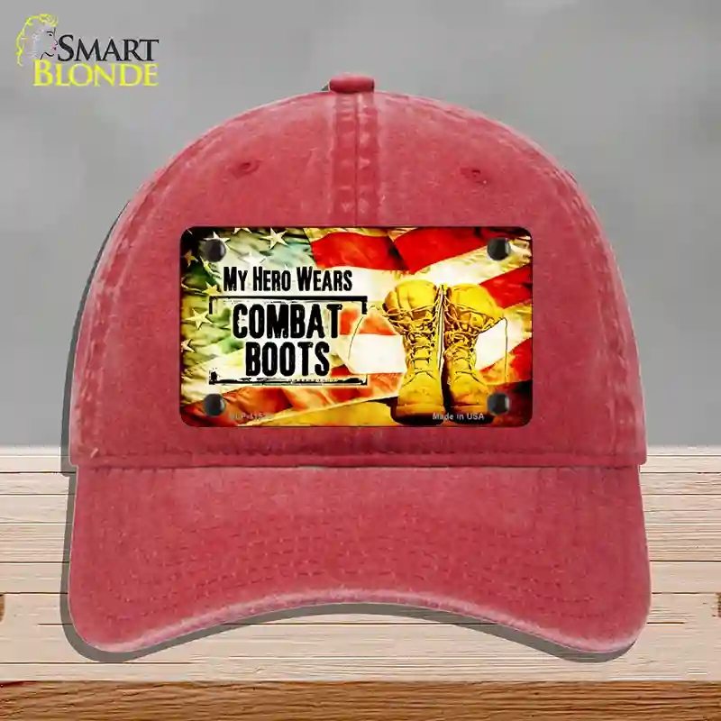 HAT13-MLP-11523 My Hero Wears Combat Boots Novelty License Plate Hat, Unconstructed Cotton - Red