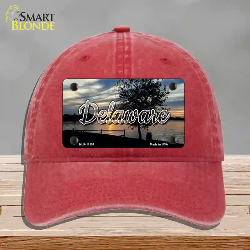 HAT13-MLP-11591 Delaware River Sunset State Novelty License Plate Hat, Unconstructed Cotton - Red