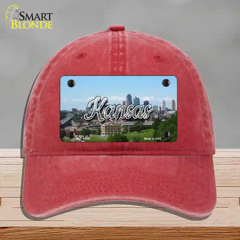 HAT13-MLP-11600 Kansas Downtown Skyline State Novelty License Plate Hat, Unconstructed Cotton - Red