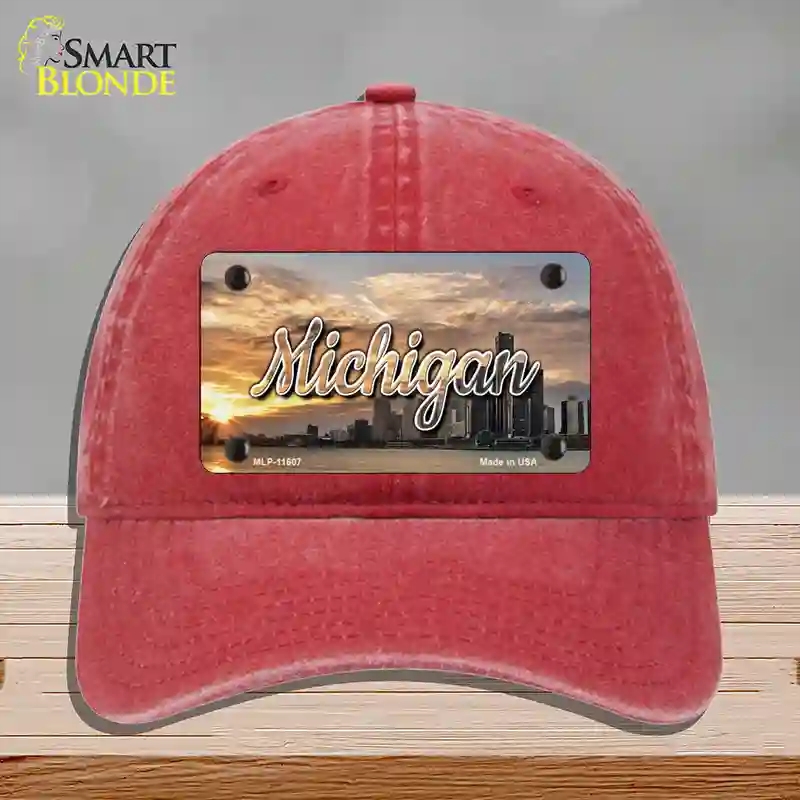 HAT13-MLP-11607 Michigan City Sunset State Novelty License Plate Hat, Unconstructed Cotton - Red