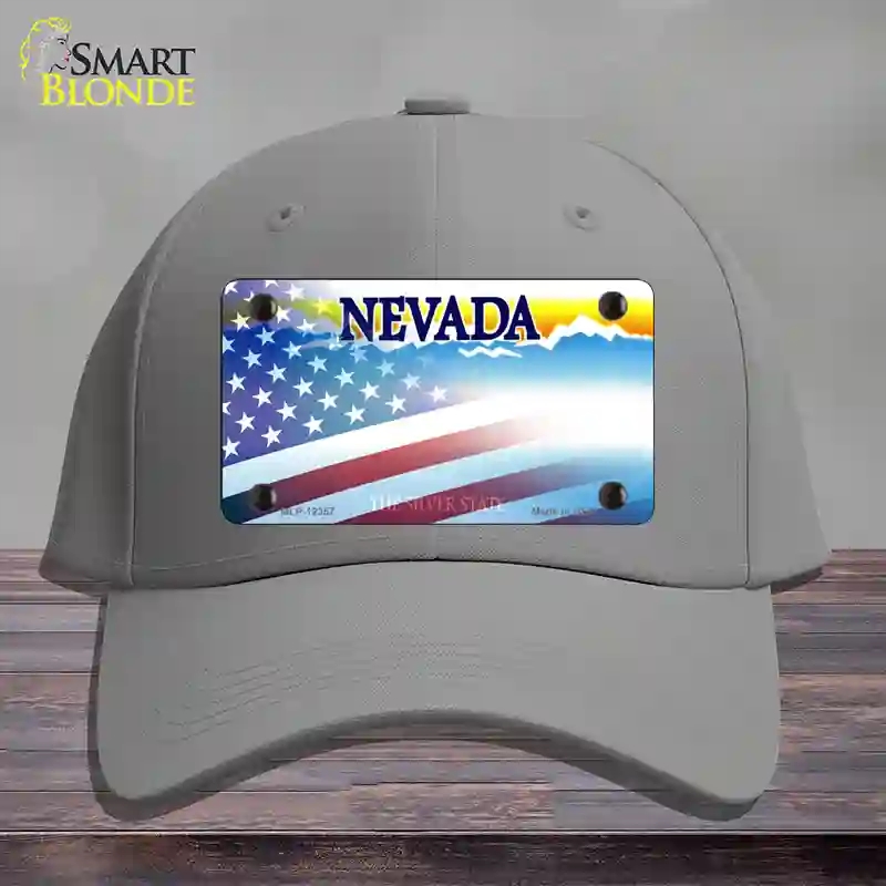 HAT23-MLP-12357 Nevada with American Flag Novelty License Plate Hat, Cotton - Gray