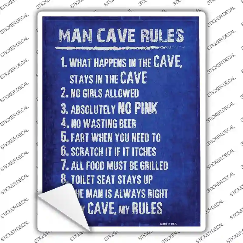 P-2450s-S Man Cave Rules Novelty Rectangular Sticker Decal, Small