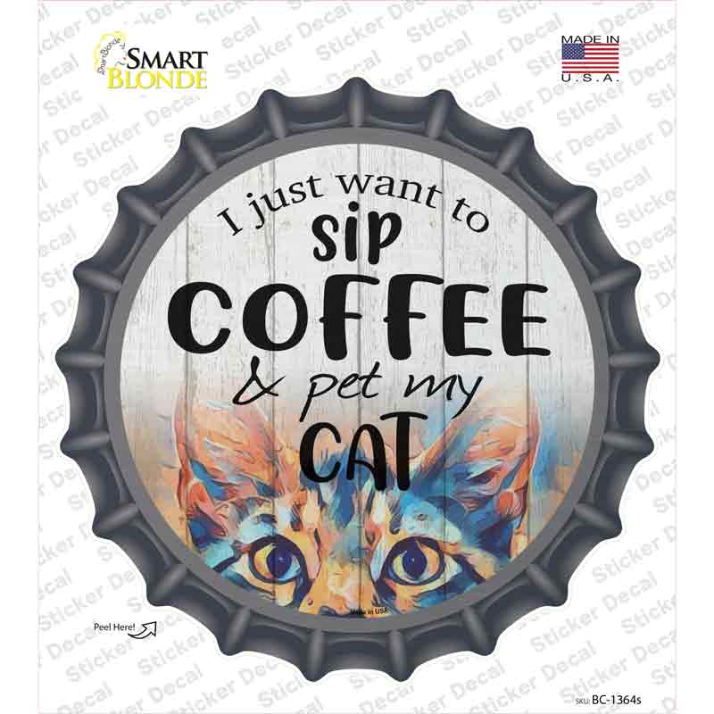 BC-1364s-M Sip Coffee & Pet Cat Novelty Bottle Cap Sticker Decal, Medium