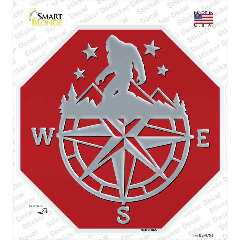 BS-479s-M Bigfoot Compass North Red Novelty Octagon Sticker Decal, Medium