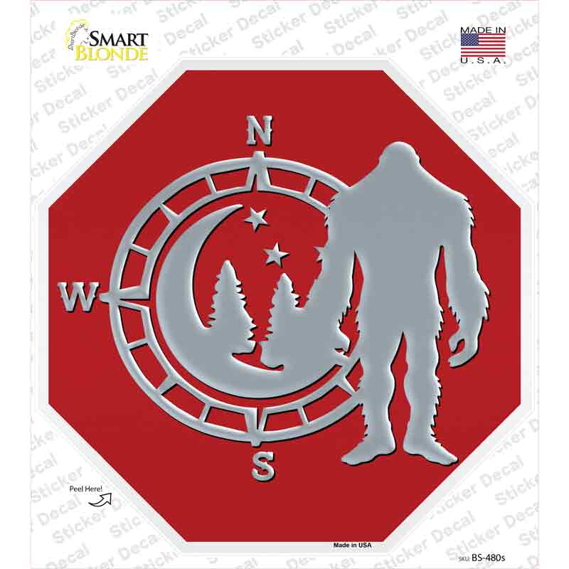 BS-480s-M Bigfoot Compass East Red Novelty Octagon Sticker Decal, Medium