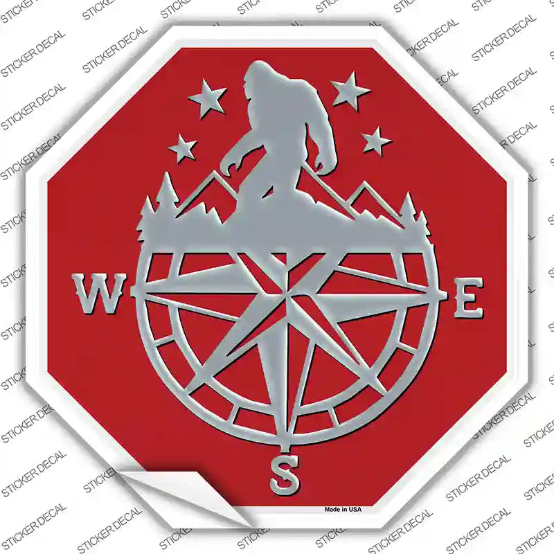 BS-479s-L Bigfoot Compass North Red Novelty Octagon Sticker Decal, Large
