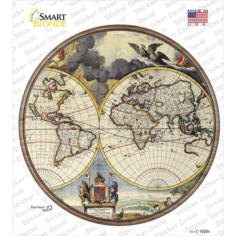 C-1620s-M World Map Novelty Circle Sticker Decal, Medium