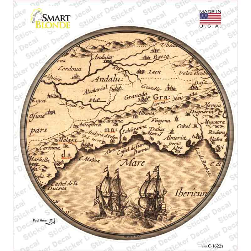 C-1622s-M Southern Spain Map Novelty Circle Sticker Decal, Medium