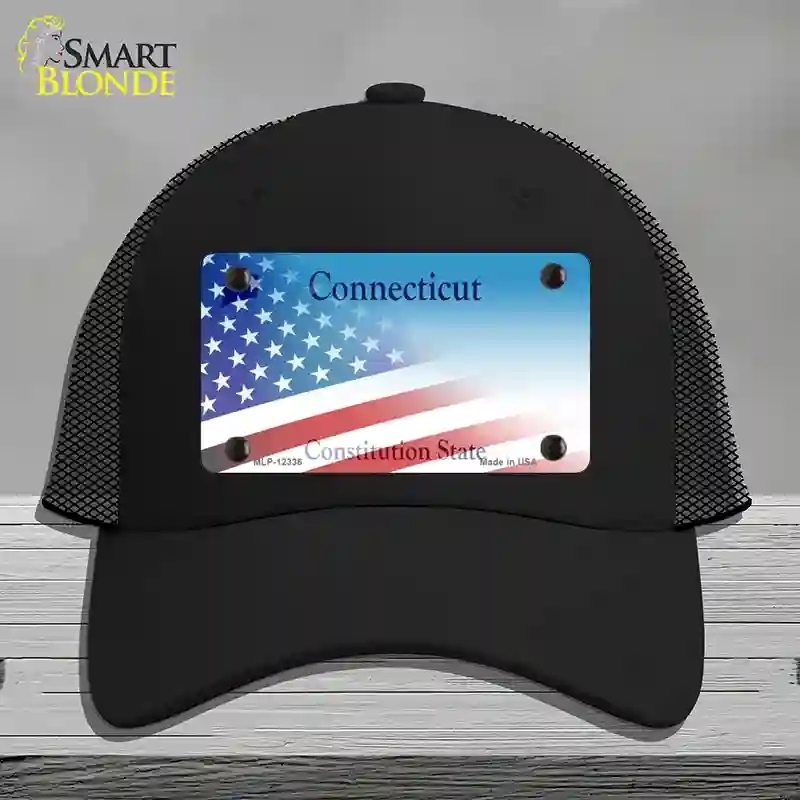 HAT01-MLP-12336 Connecticut with American Flag Novelty License Plate Hat, Mesh - Black