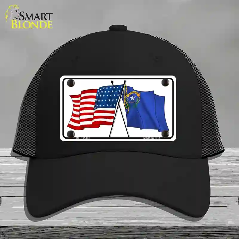 HAT01-MLP-11488 Nevada Crossed US Flag Novelty License Plate Hat, Mesh - Black