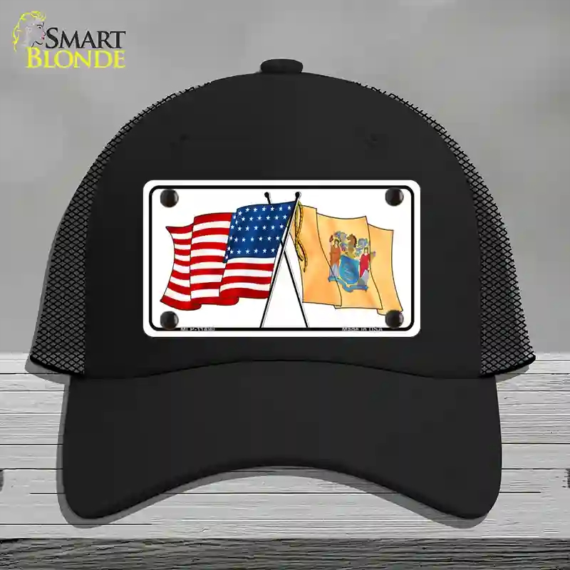 HAT01-MLP-11490   Jersey Crossed US Flag Novelty License Plate Hat, Mesh - Black