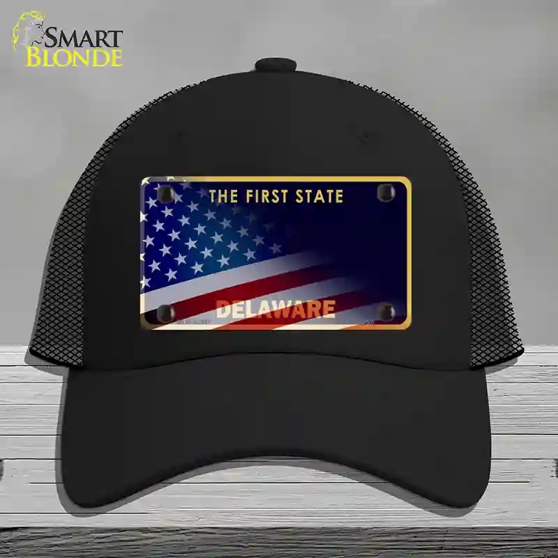 HAT01-MLP-12337 Delaware with American Flag Novelty License Plate Hat, Mesh - Black