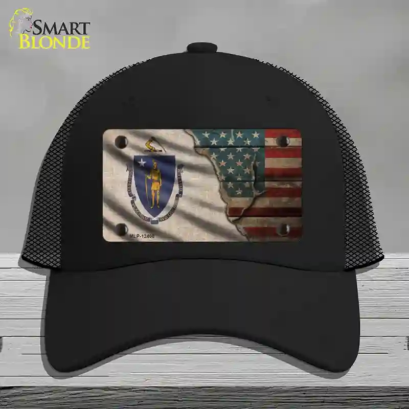 HAT01-MLP-12400 Massachusetts & American Flag Novelty License Plate Hat, Mesh - Black
