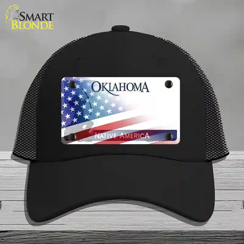 HAT01-MLP-12455 Oklahoma Bow with American Flag Novelty License Plate Hat, Mesh - Black