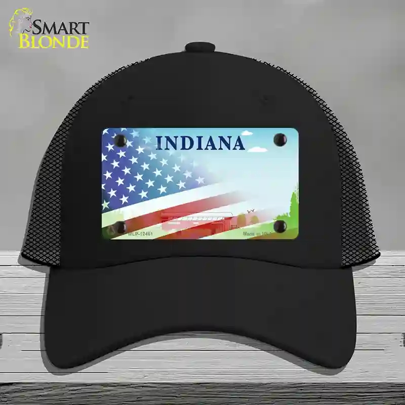 HAT01-MLP-12461 Indiana Bridge American Flag Novelty License Plate Hat, Mesh - Black