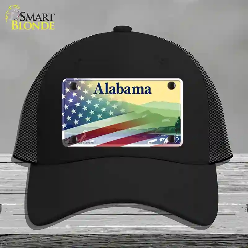 HAT01-MLP-12475 Alabama State with American Flag Novelty License Plate Hat, Mesh - Black