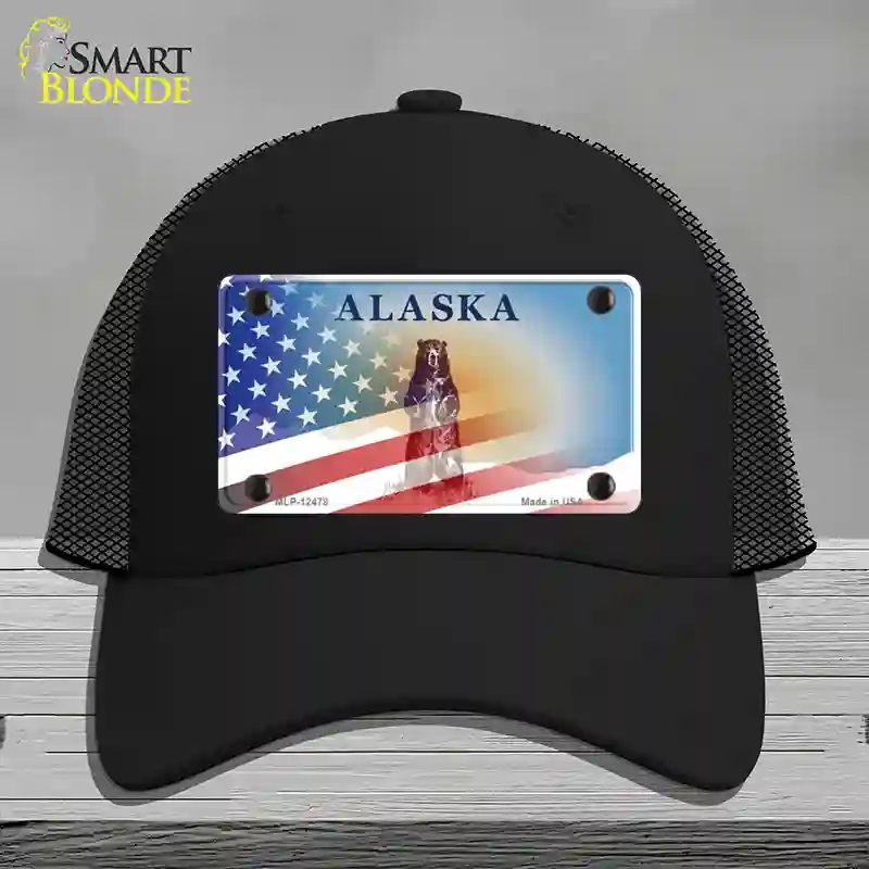 HAT01-MLP-12478 Alaska Bear with American Flag Novelty License Plate Hat, Mesh - Black