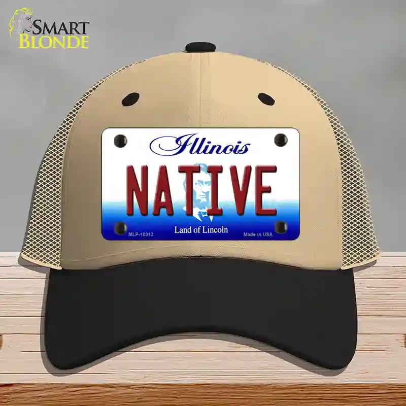 HAT02-MLP-10312 Native Illinois Novelty License Plate Hat, Mesh - Khaki & Black