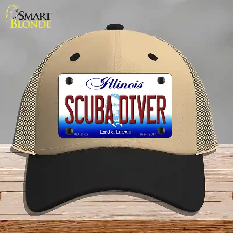 HAT02-MLP-10321 Scuba Diver Illinois Novelty License Plate Hat, Mesh - Khaki & Black