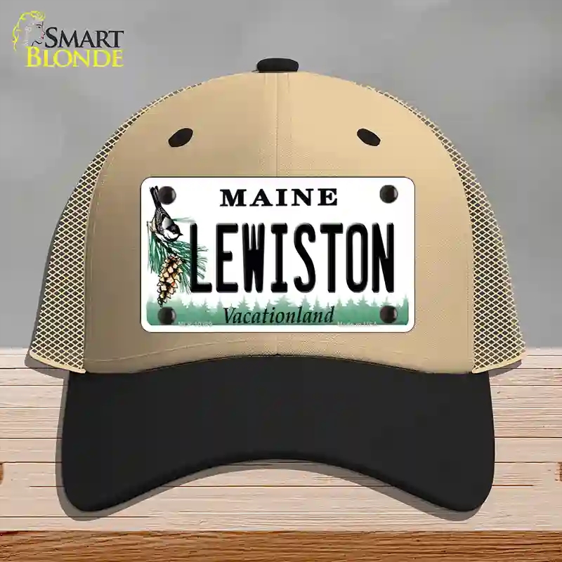 HAT02-MLP-10389 Lewiston Maine Novelty License Plate Hat, Mesh - Khaki & Black
