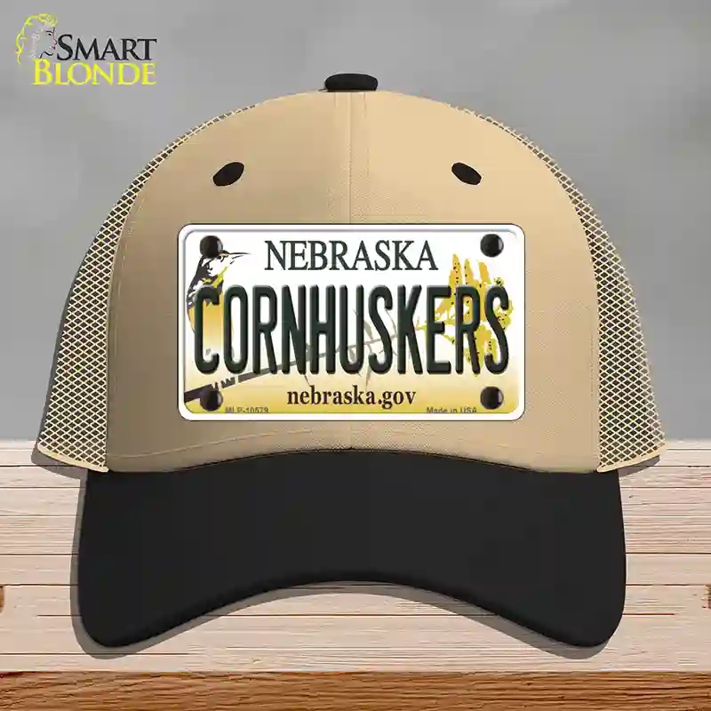 HAT02-MLP-10579 Cornhuskers Nebraska Novelty License Plate Hat, Mesh - Khaki & Black