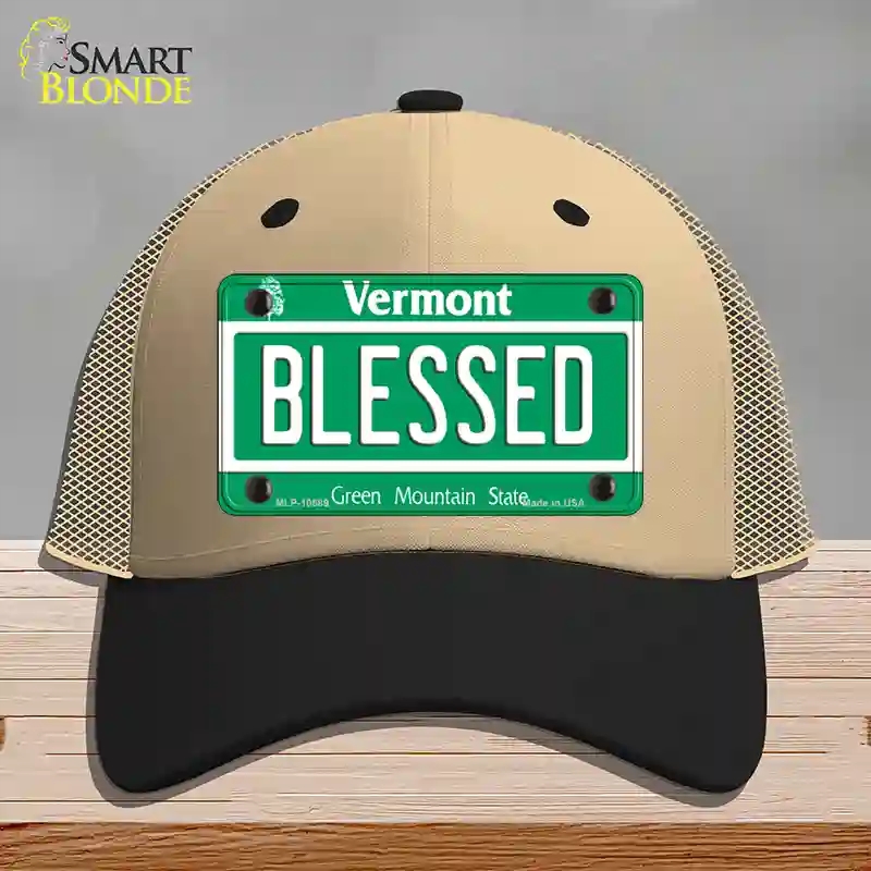 HAT02-MLP-10689 Blessed Vermont Novelty License Plate Hat, Mesh - Khaki & Black