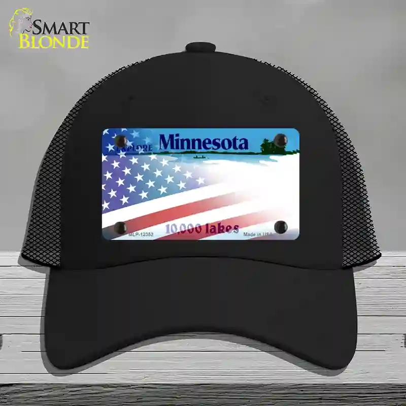 HAT01-MLP-12352 Minnesota with American Flag Novelty License Plate Hat, Mesh - Black