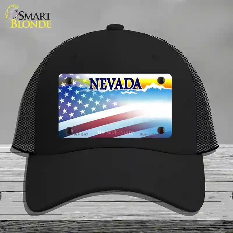 HAT01-MLP-12357 Nevada with American Flag Novelty License Plate Hat, Mesh - Black