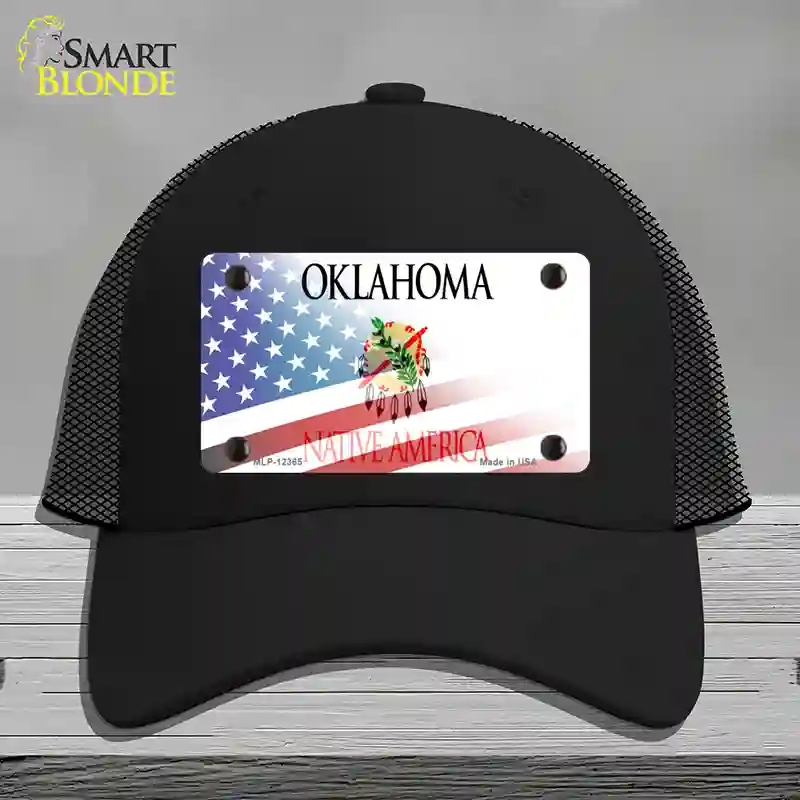 HAT01-MLP-12365 Oklahoma with American Flag Novelty License Plate Hat, Mesh - Black
