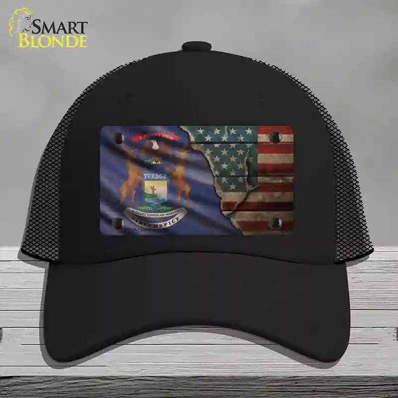 HAT01-MLP-12401 Michigan & American Flag Novelty License Plate Hat, Mesh - Black