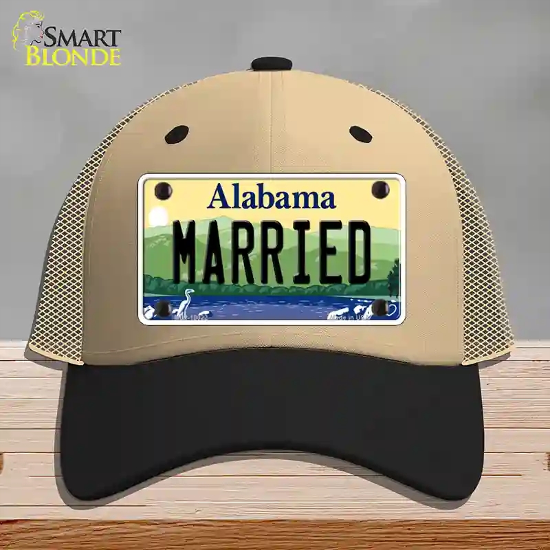 HAT02-MLP-10022 Married Alabama Novelty License Plate Hat, Mesh - Khaki & Black