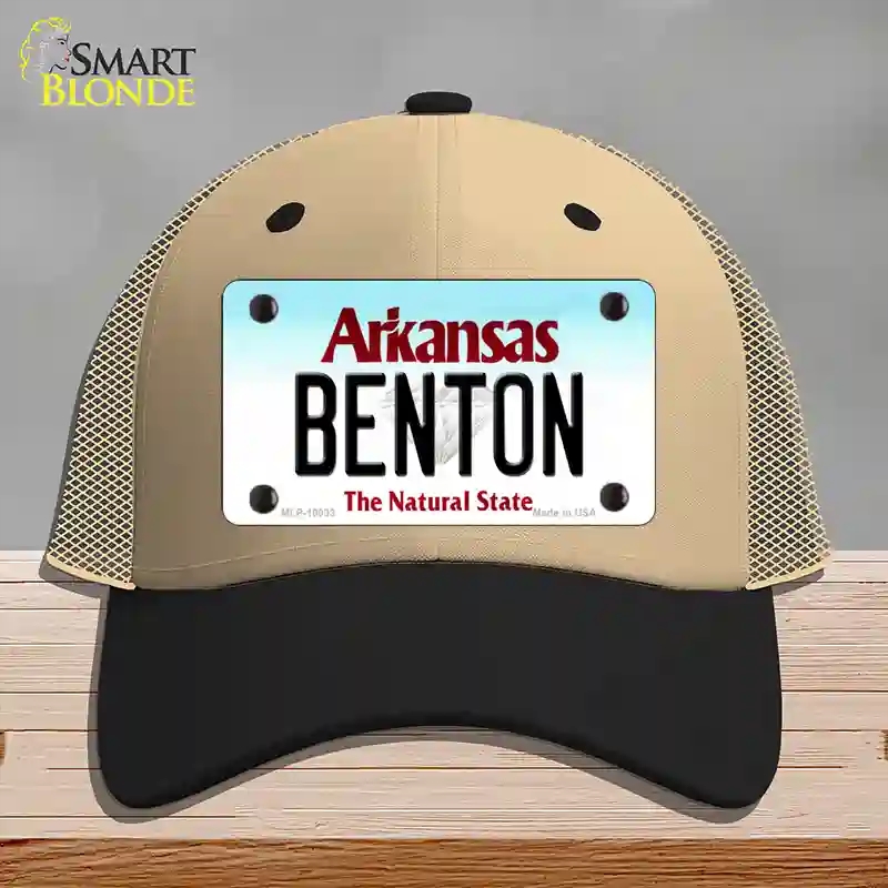 HAT02-MLP-10033 Benton Arkansas Novelty License Plate Hat, Mesh - Khaki & Black