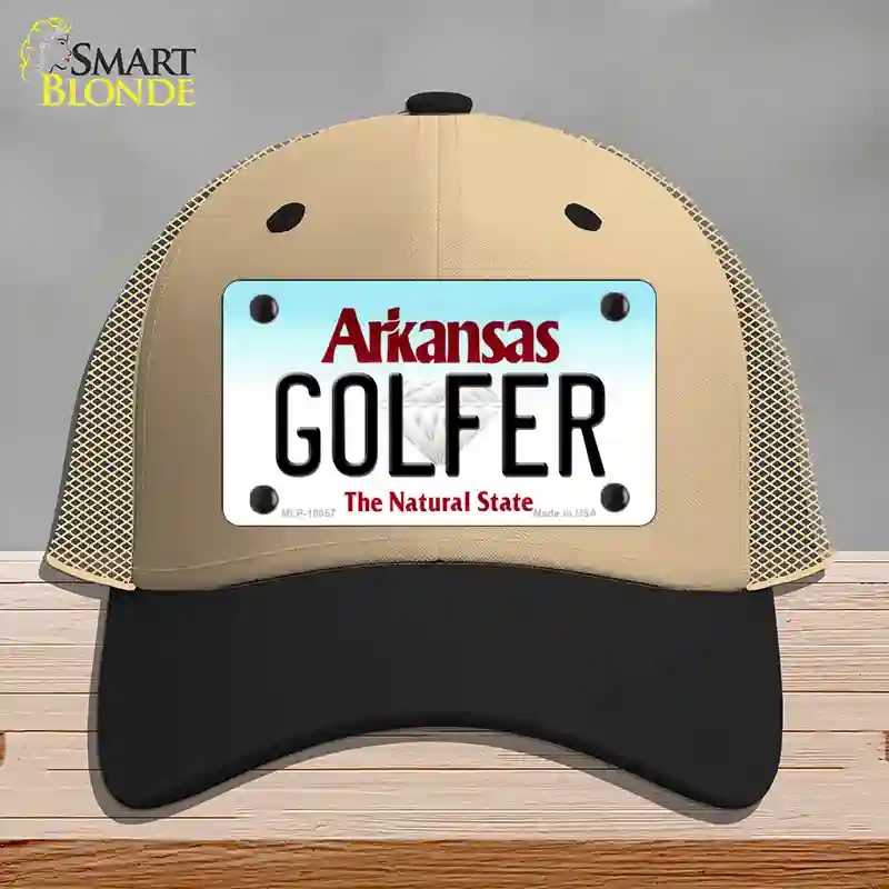 HAT02-MLP-10057 Golfer Arkansas Novelty License Plate Hat, Mesh - Khaki & Black