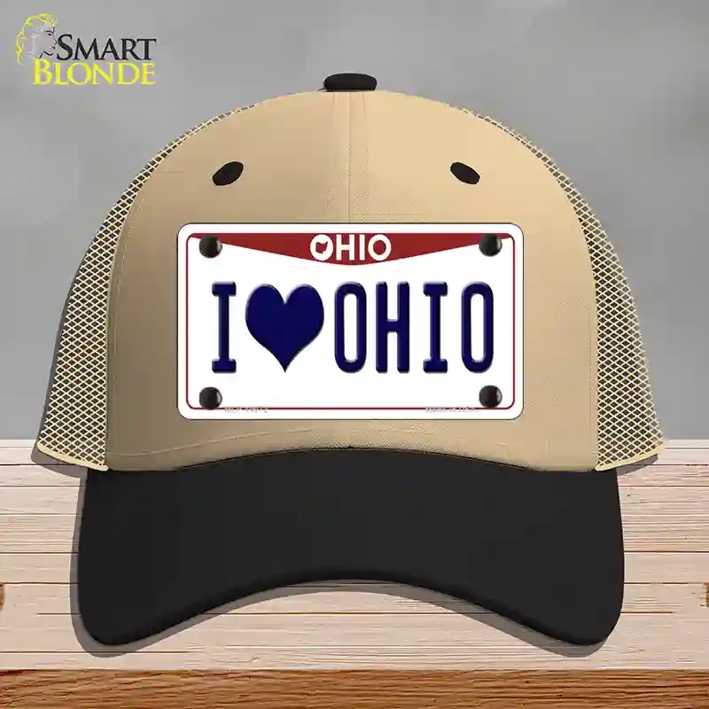 HAT02-MLP-10072 I Love Ohio Novelty License Plate Hat, Mesh - Khaki & Black
