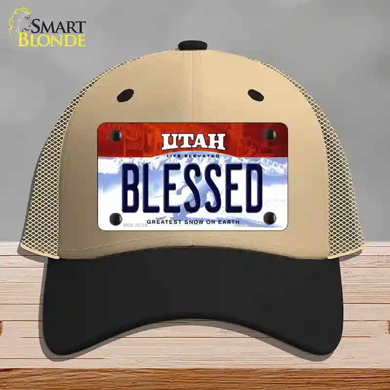 HAT02-MLP-10219 Blessed Utah Novelty License Plate Hat, Mesh - Khaki & Black